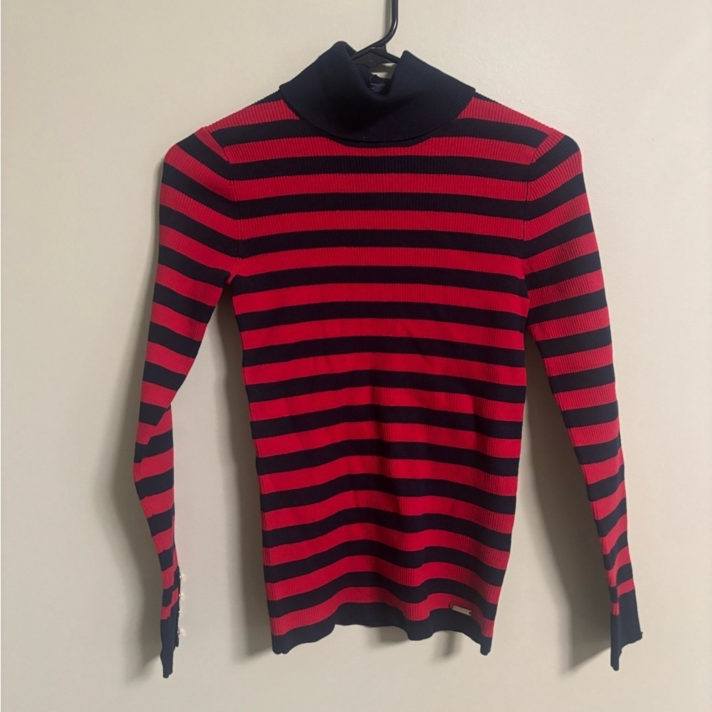 TOMMY HILFIGER Red/Navy Striped Ribbed Womens Turtleneck Sweater Size XS New